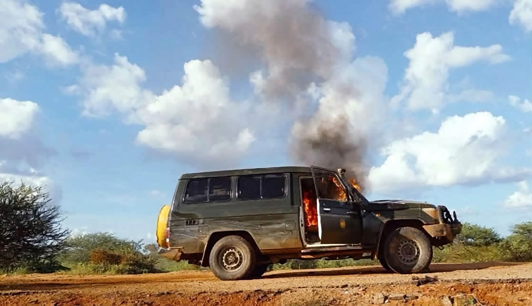 Shabab showcased government military vehicles burned during the clashes near Buur - Hakaba in Somalia's Bay region