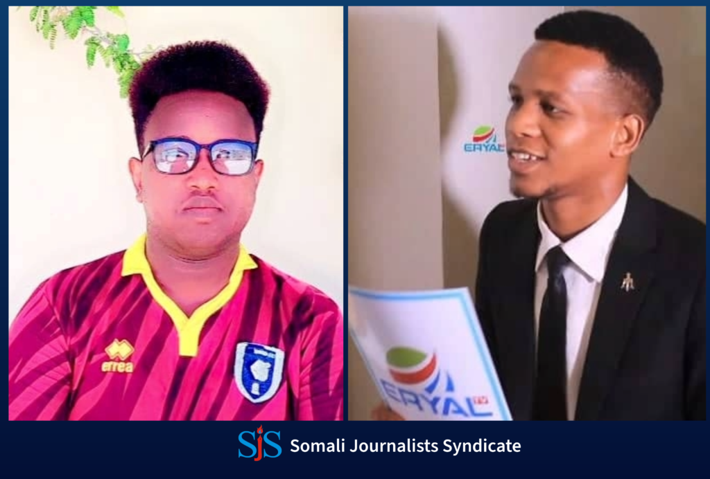 Mukhtar Abdi Adan, known as Nadaara (right), and his cameraman, Ibrahim Aden Mohamed (left), both of whom work for Eryal TV. | Photo: SJS/Courtesy.