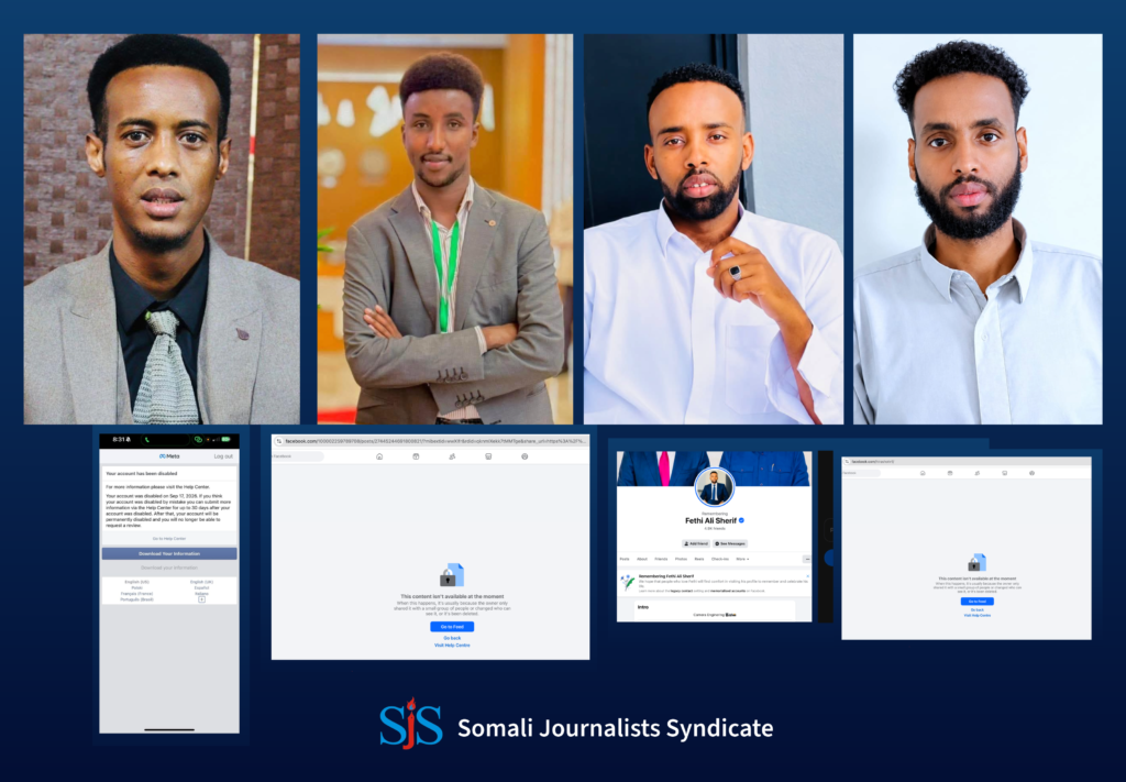 Somali journalists' Facebook accounts removed without prior warning. | Photo/SJS.