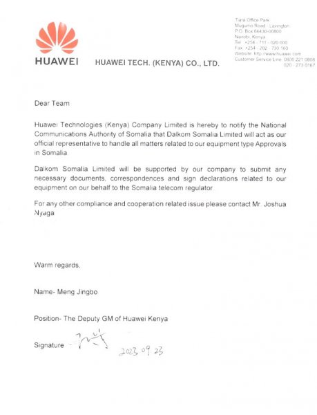 Chinese giant tech Huawei names Dalkom Somalia as its official representative for equipment type approvals in Somalia.