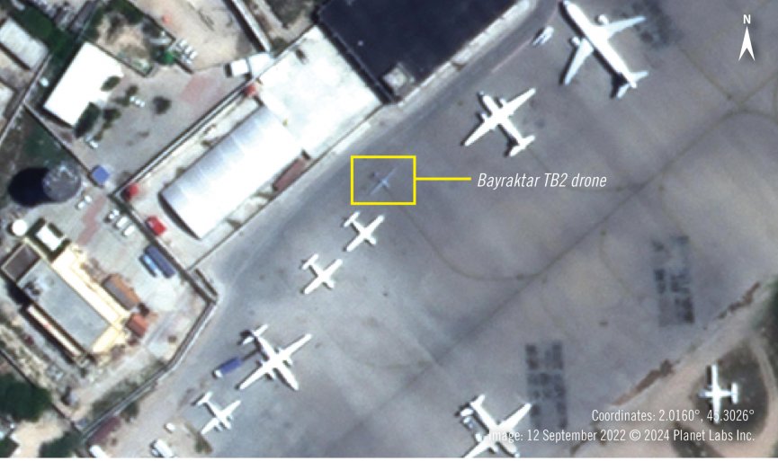 Satellite imagery from 12 September 2022 shows a Turkish built, Bayraktar TB2 drone at the Aden Adde International Airport in Mogadishu, Somalia. Satellite imagery from 12 September 2022 shows a Turkish built, Bayraktar TB2 drone at the Aden Adde International Airport in Mogadishu, Somalia.