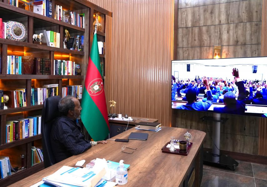 In this photo published by Villa Somalia, Hassan Sheikh Mohamud is seen observing the parliamentary vote via live TV feed on Saturday 31 March, 2024.